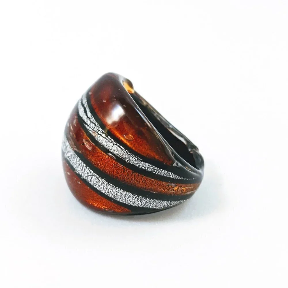 Vintage Brown Silver & Black Stripes Art Glass Domed Shimmery Wide Chunky Ring